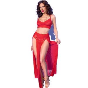 CHILIROSE - CR 4850 RED TOP AND LEGGINGS SET WITH GOLDEN ACCESSORIES XL